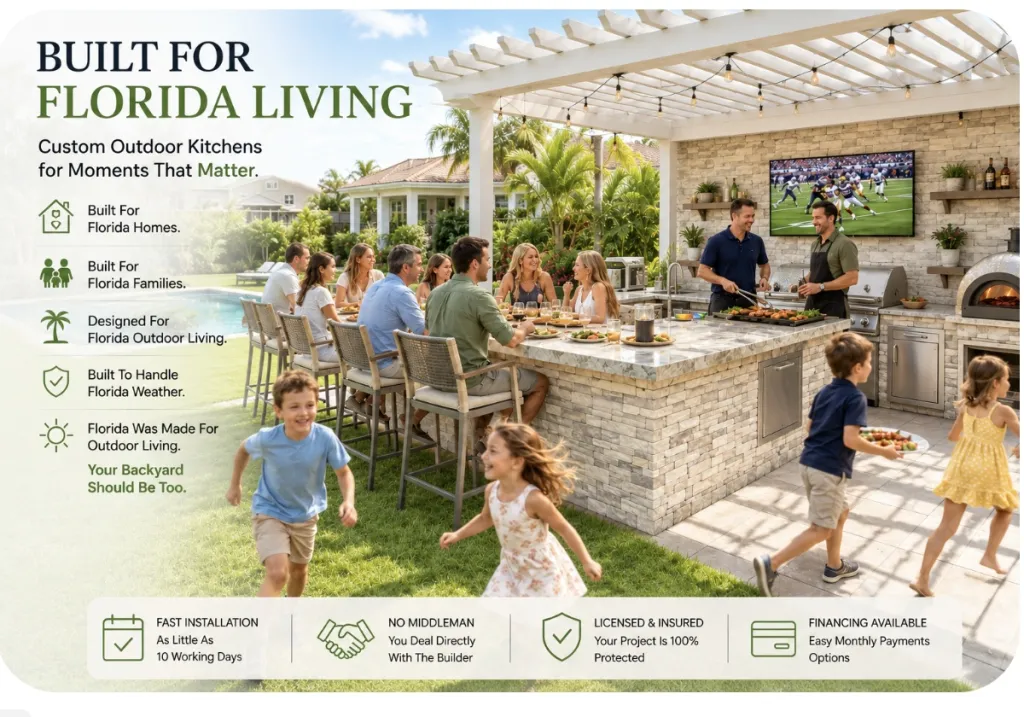 Family gathering around an outdoor kitchen in Florida